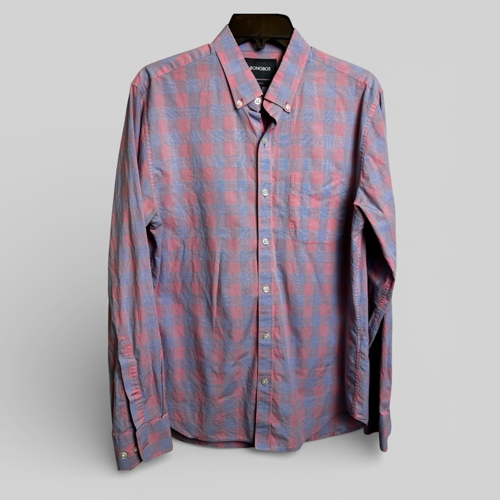 Bonobos slim fit button down pink and blue checkered shirt Medium pastel Easter